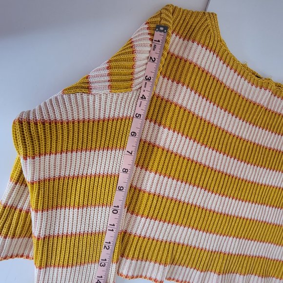Free People Bateau Neck Striped Cropped Midriff L/S  Sweater Size XS Gold Beige - Picture 7 of 12